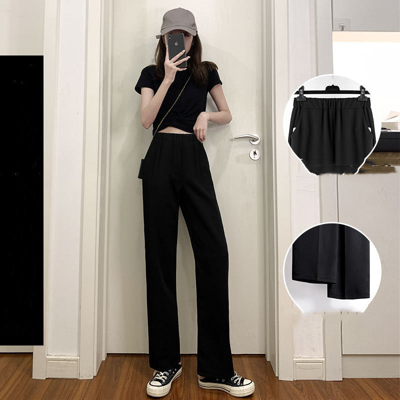 Summer Thin Mopping High Waist Drape Black Wide-leg Trousers