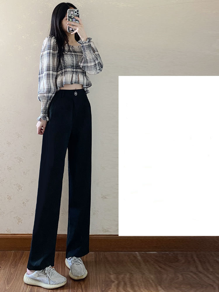 Summer Thin Mopping High Waist Drape Black Wide-leg Trousers